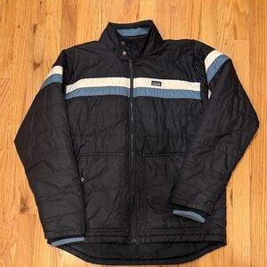 Patagonia Men's Black Puffer Jacket with Blue and White Stripes